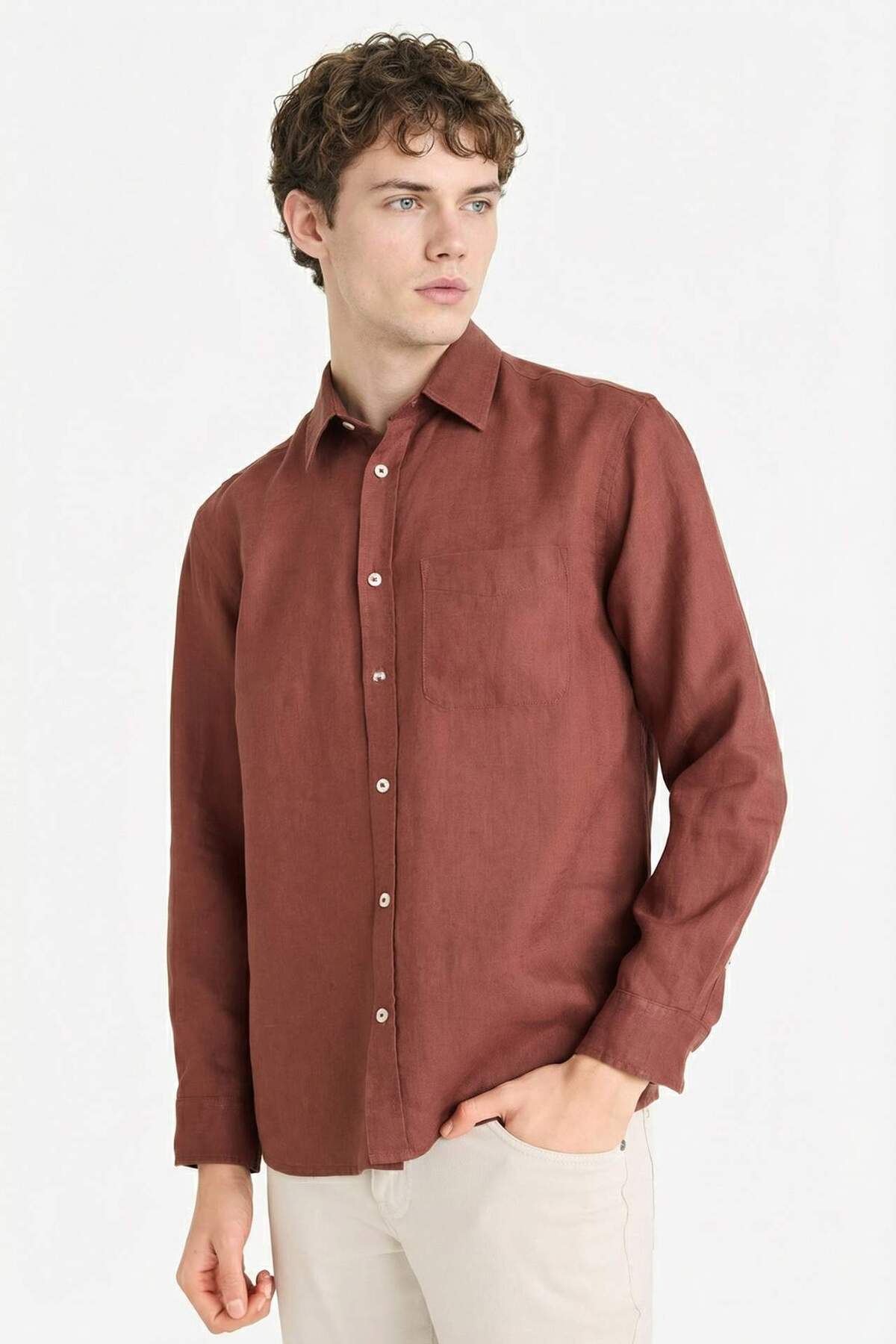 DeFacto %100 Keten Regular Fit Gömlek G0788AX26SM görsel 3