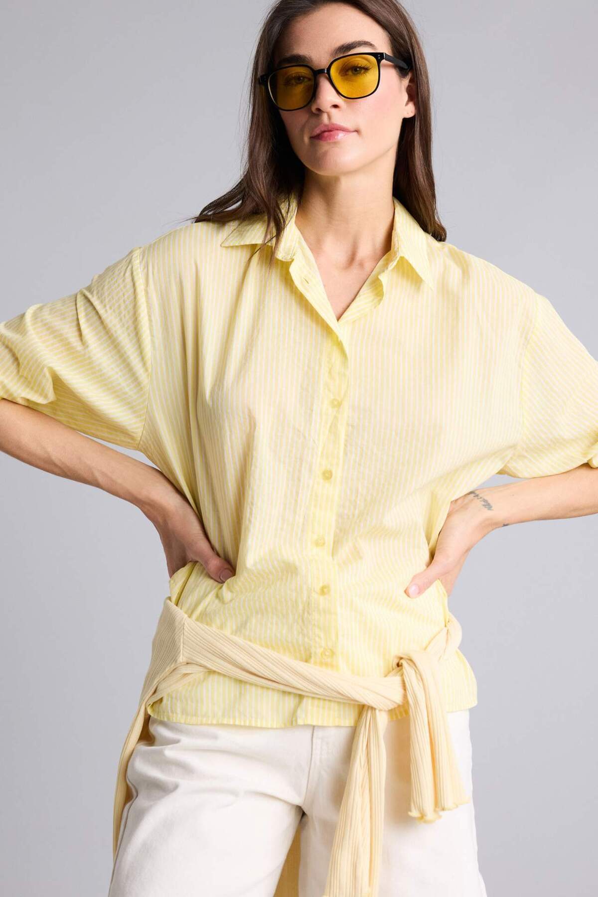 Defacto 100% Cotton Oversized Striped Voile Long Sleeve Shirt H5406Ax26Sm