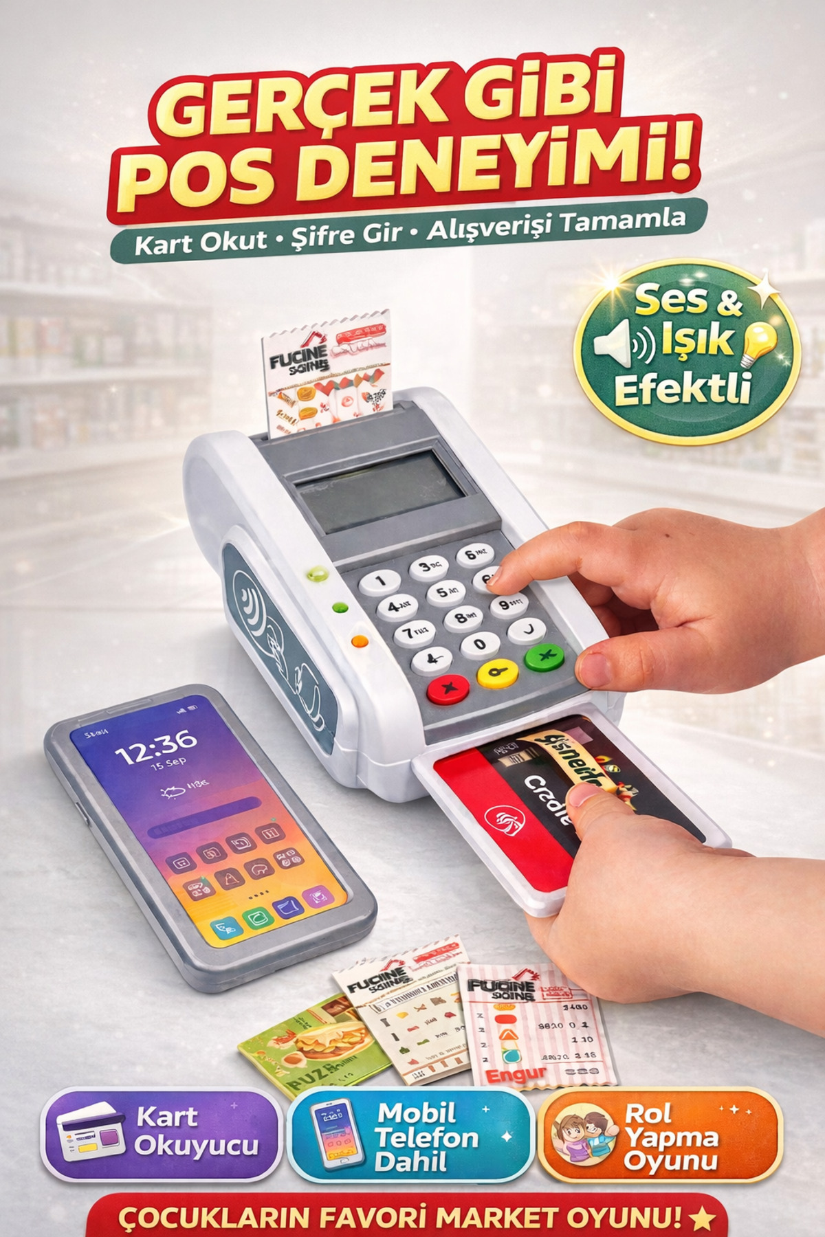 ゆーき YILDIRIM OYUNCAK Oyuncak POS Cihazı Seti Sesli Işıklı – Kart