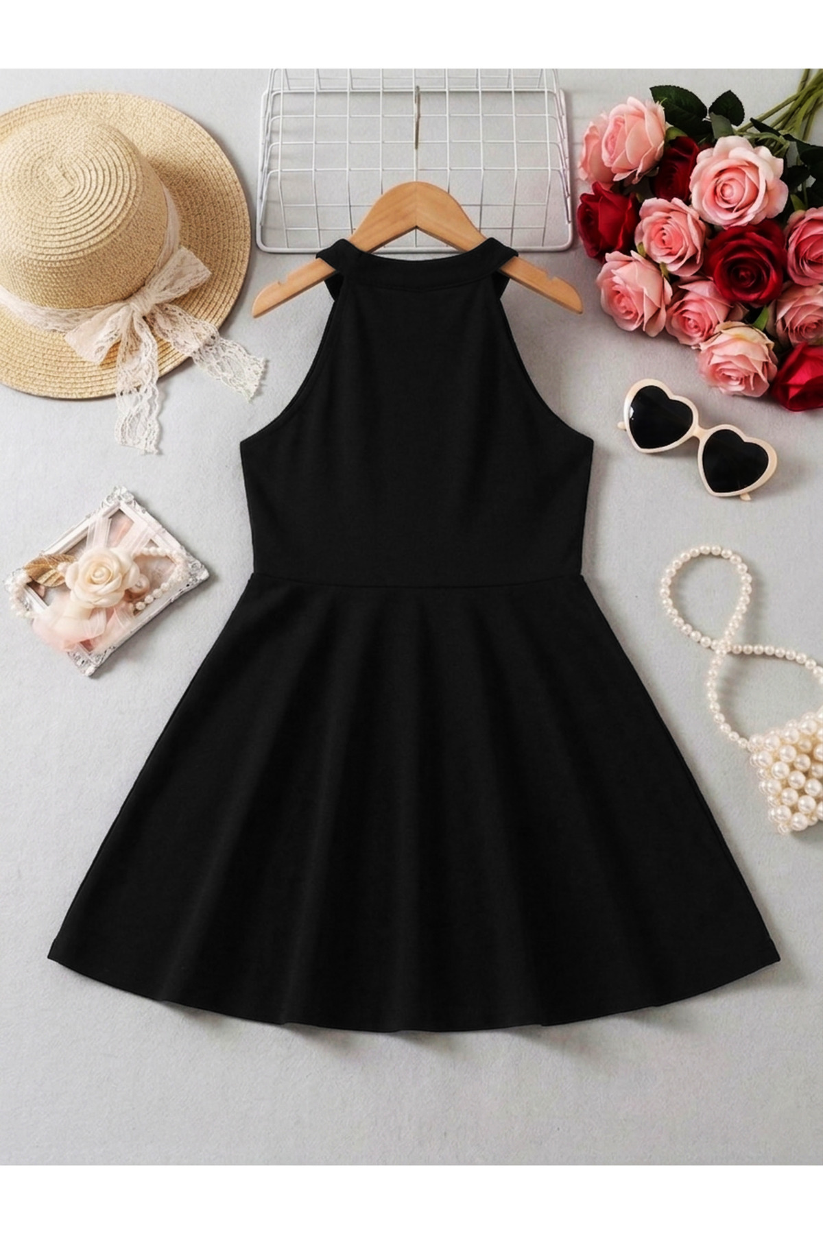 uyguntarz Girls' Black Halter Neck Flared Dress – Sleeveless Stylish Summer  Dress (Ages 3-12)- Trendyol