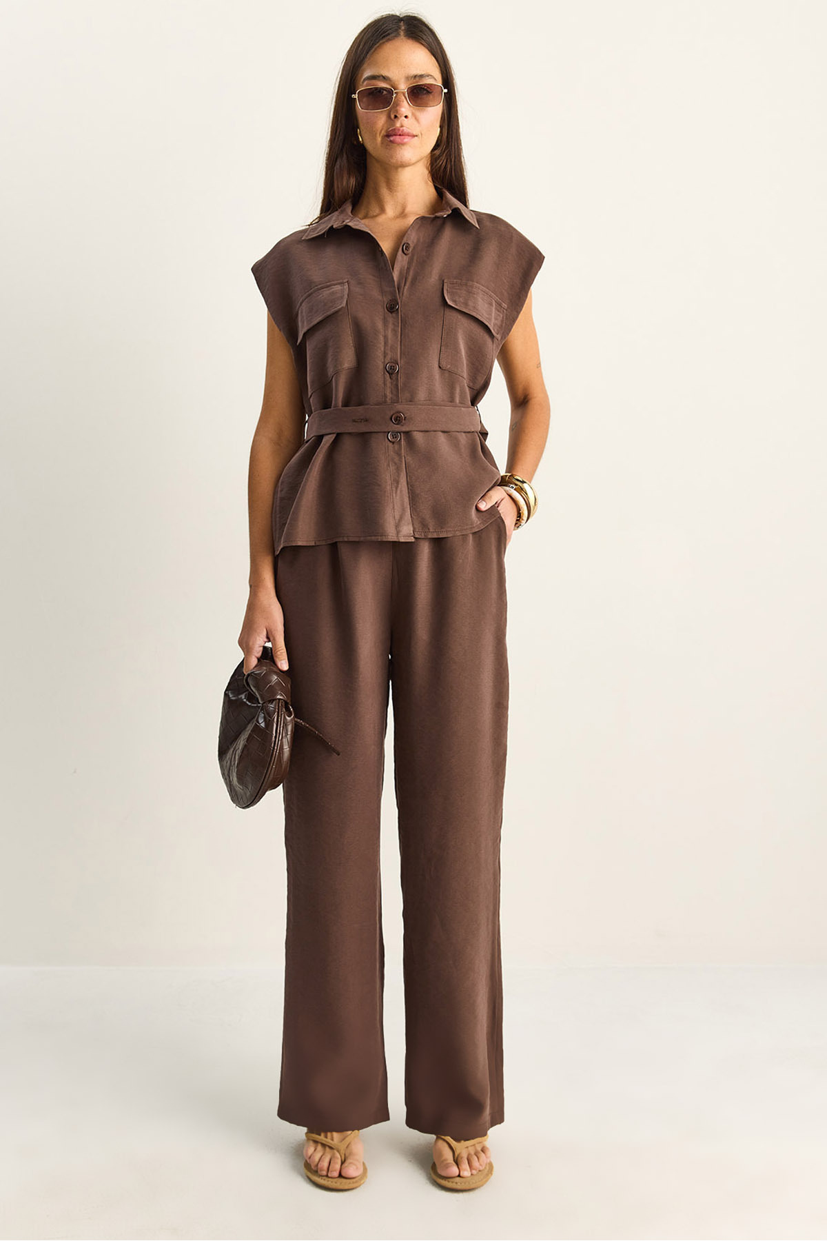 Women's Padded Belt Detailed Pocket Vest Elastic Waist Pocket Modal Set 7502 60286137