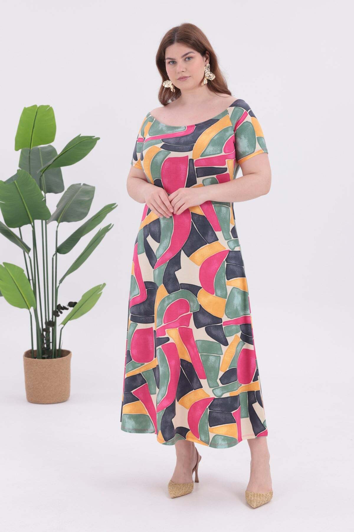 Women's Pink Gray Geometric Pattern Boat Neck Short Sleeve Plus Size Stretch Maxi Dress