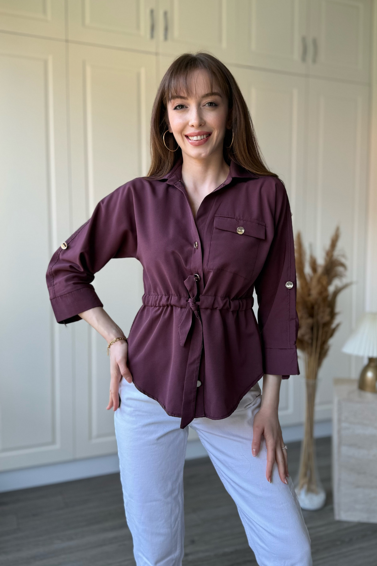 Shirred Waist Gold Buttoned Claret Red Shirt
