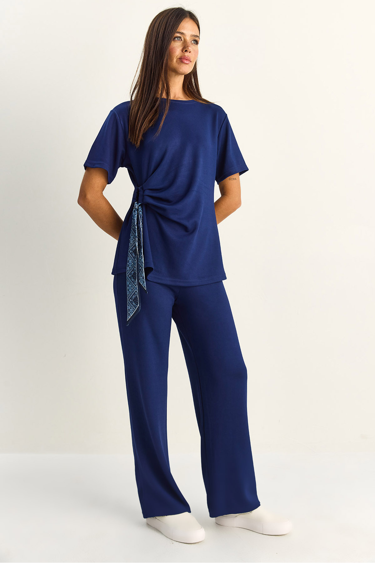 Women's Scarf Tie Detailed T-Shirt High Waist Pants Bottom-Top Set 7630 60286041