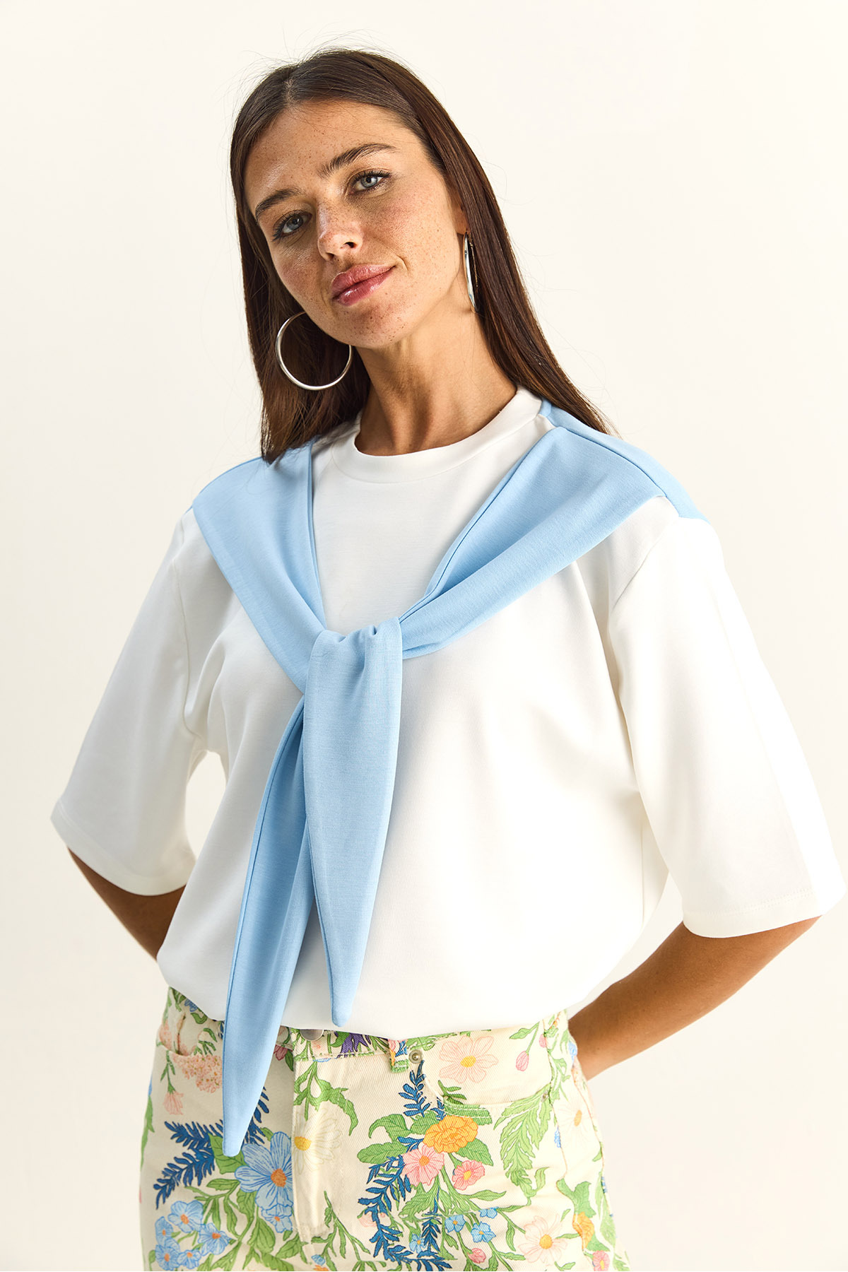 Women's Shawl Detailed Oversize Basic T-Shirt 1094 60286118