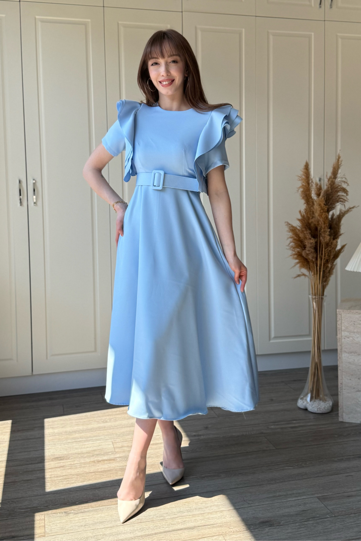 Ruffle Detailed Belted Midi Flared Blue Dress