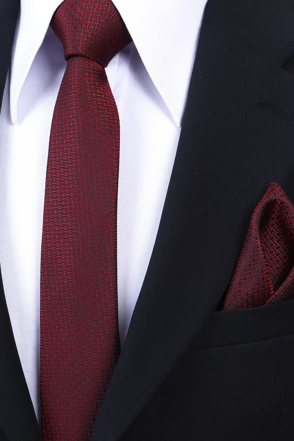 Esgue Hand Made 6 cm Slim Mini Desenli Bordo Siyah Renk Mendilli İnce Kravat görsel 3