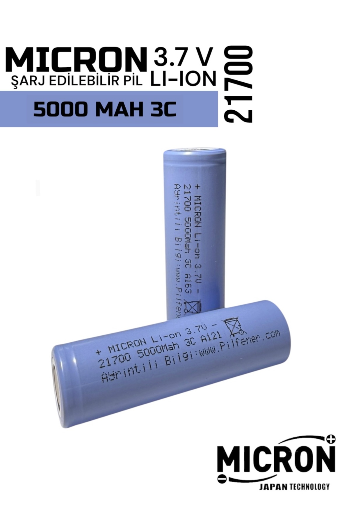 まいめろページ Micron 3.7 V (Volt) 5000 Mah (amper) 21700 Li-on Başlı Pil (1 Adet