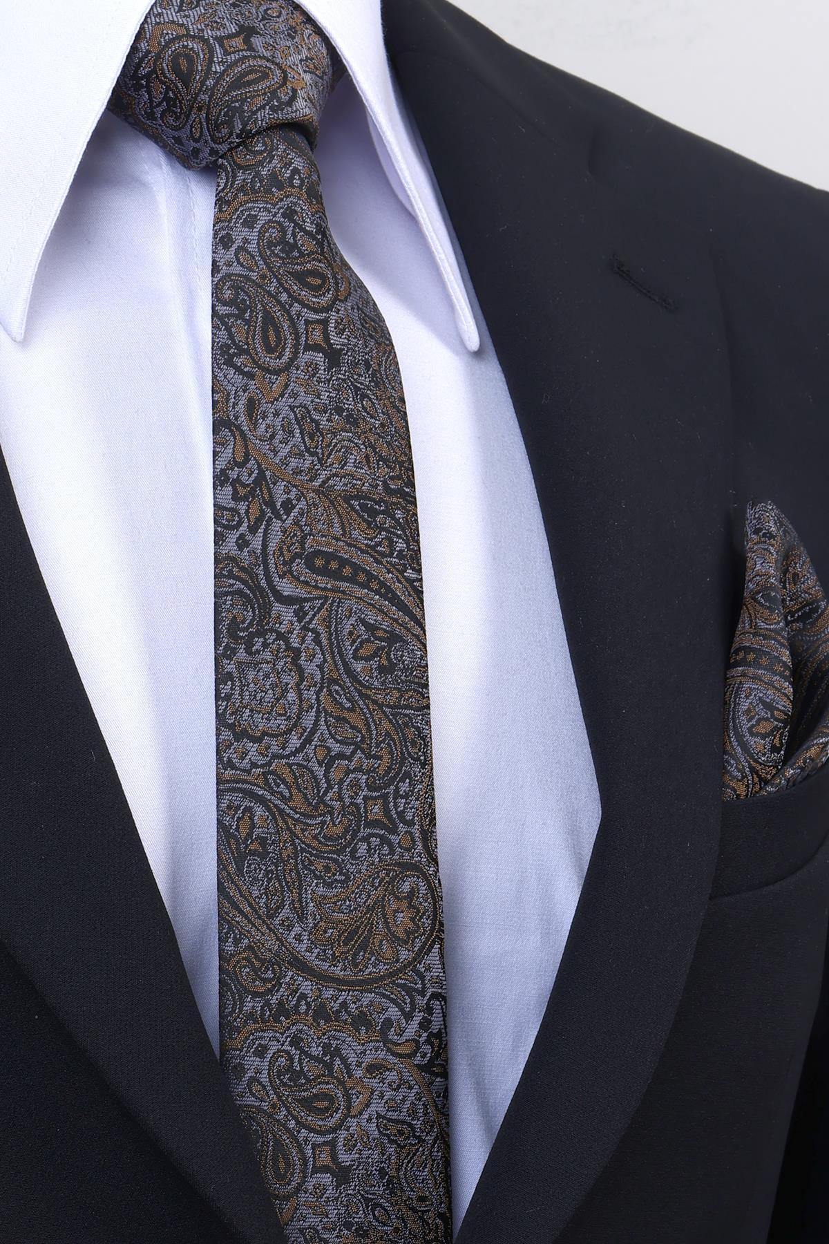Esgue Hand Made 6 cm Slim Şal Desenli Gri Gold Renk Mendilli İnce Kravat görsel 2