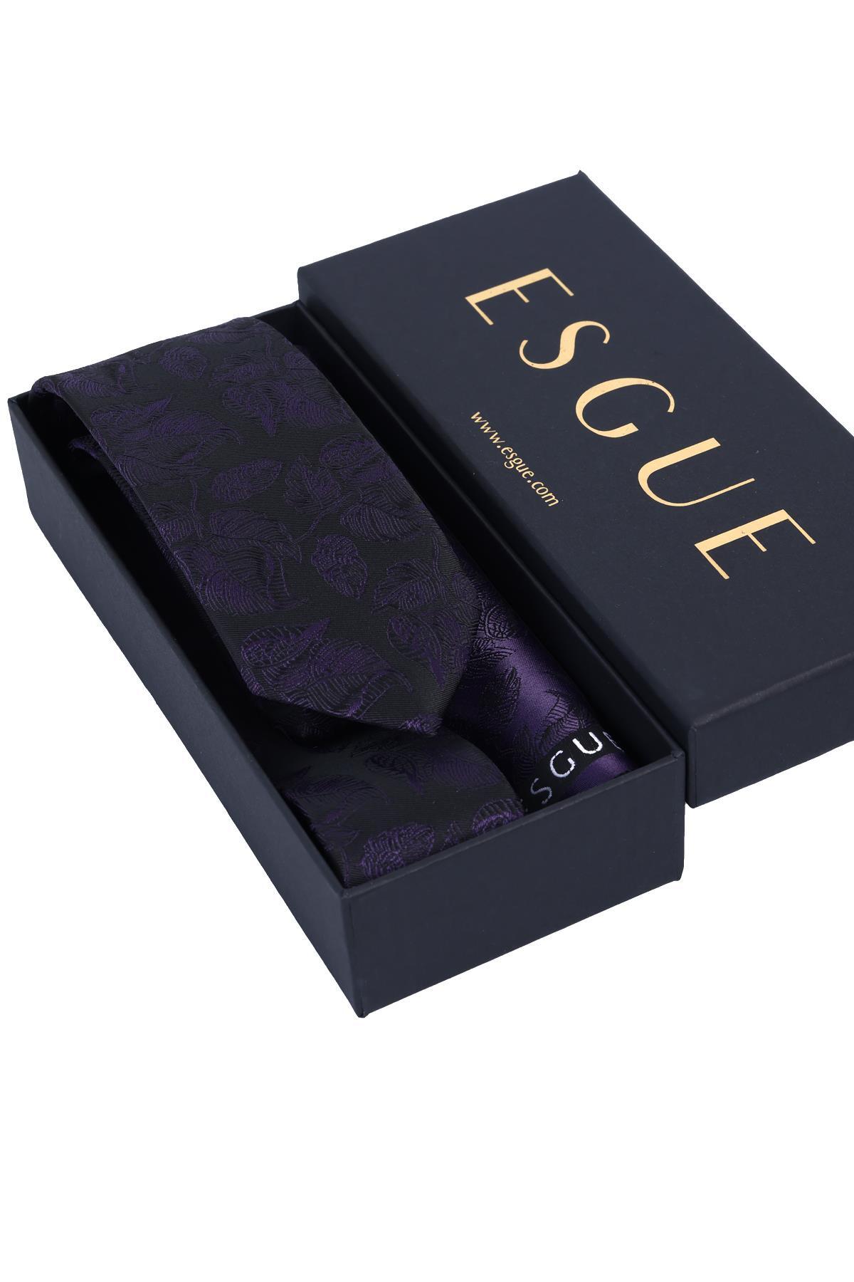کراوات دستمال گردن مشکی و بنفش دستساز طرح برگ باریک ۶ سانتیمتری Esgue مردانه | ESG115KRM1270 - تصویر 2