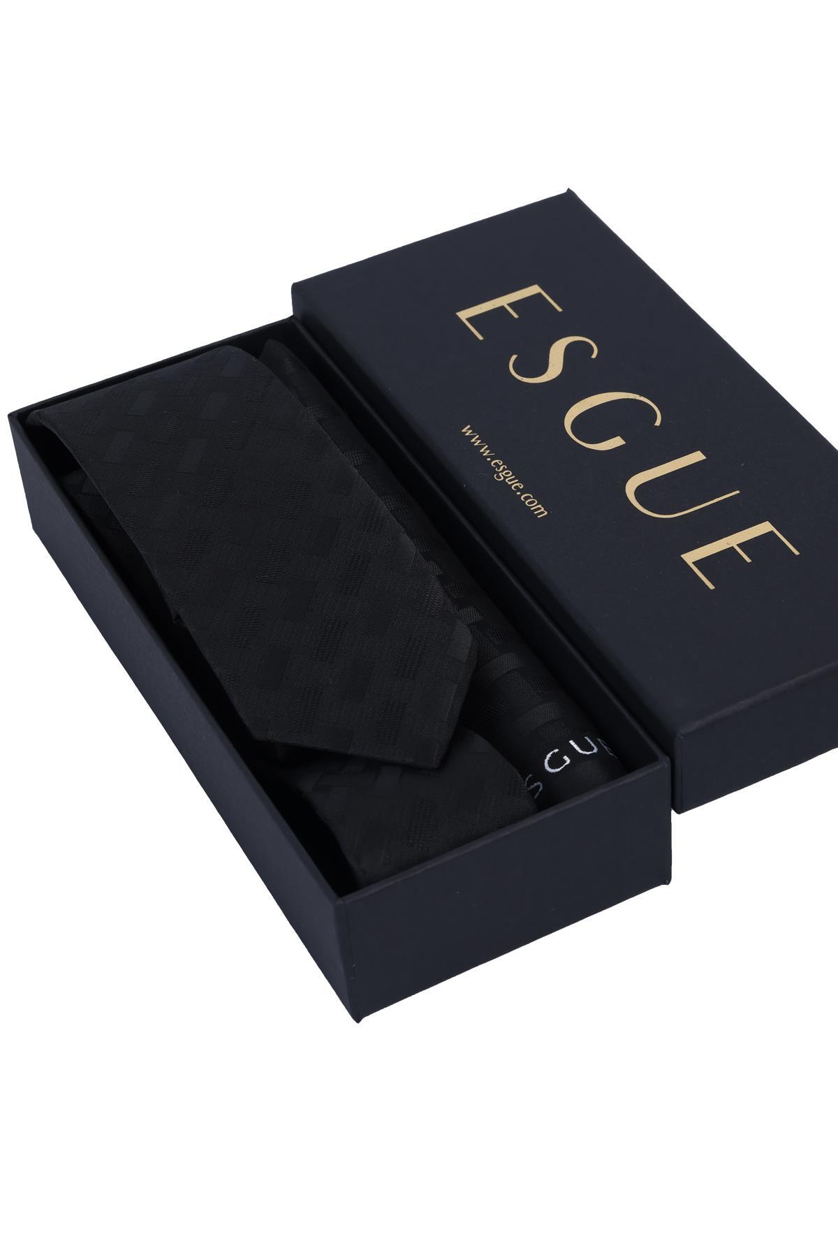 Esgue Hand Made 6 cm Slim Geometrik Desenli Siyah Renk Mendilli İnce Kravat görsel 5