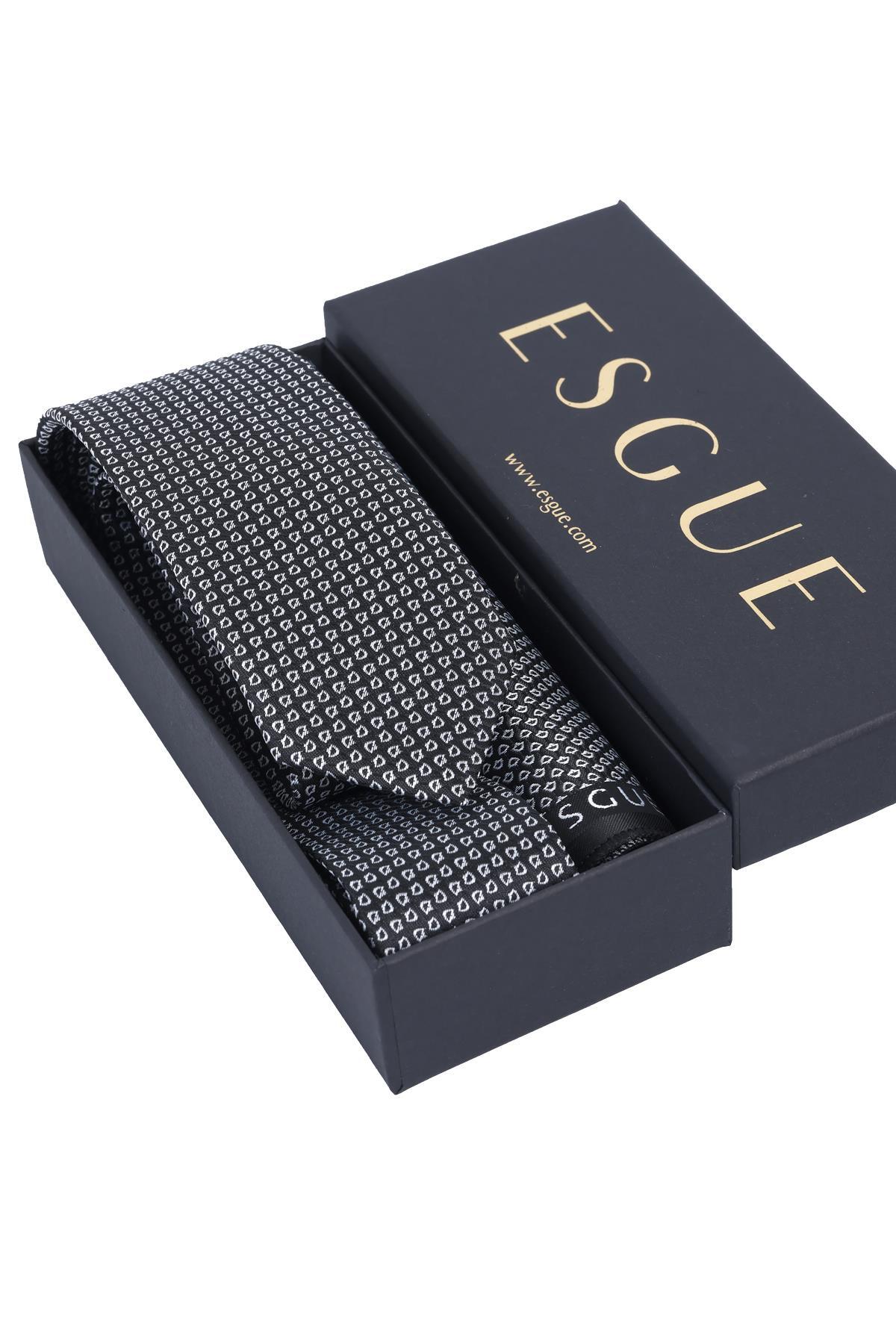 کراوات مشکی و سفید باریک و ریز طرحدار دستساز ۶ سانتیمتری با دستمال جیبی Esgue مردانه | ESG115KRM1255 - تصویر 5