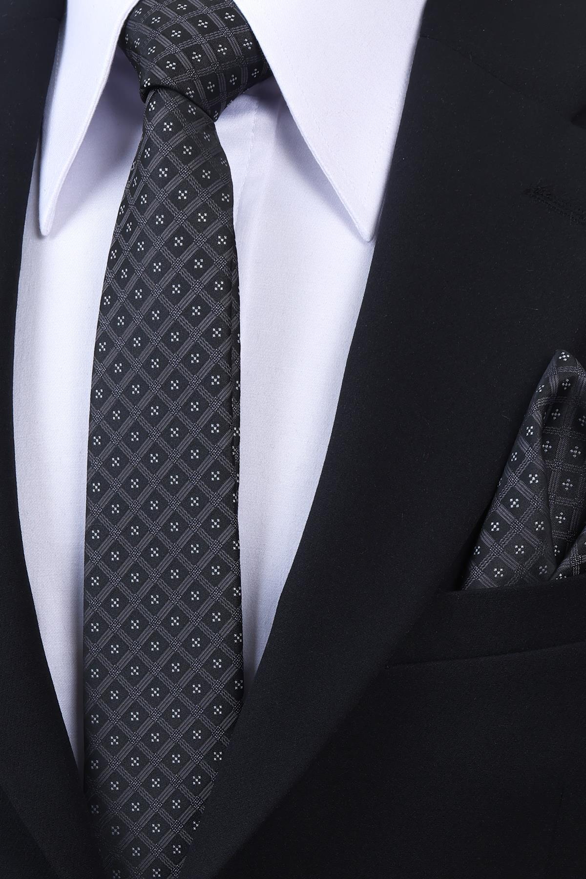 Esgue Hand Made 6 cm Slim Motif Desen Siyah Gri Renk Mendilli İnce Kravat görsel 3