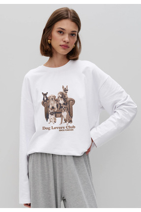 Jose Clothing Beyaz Baskılı Tesettüre Uygun Uzun Kollu Pamuklu Tişört