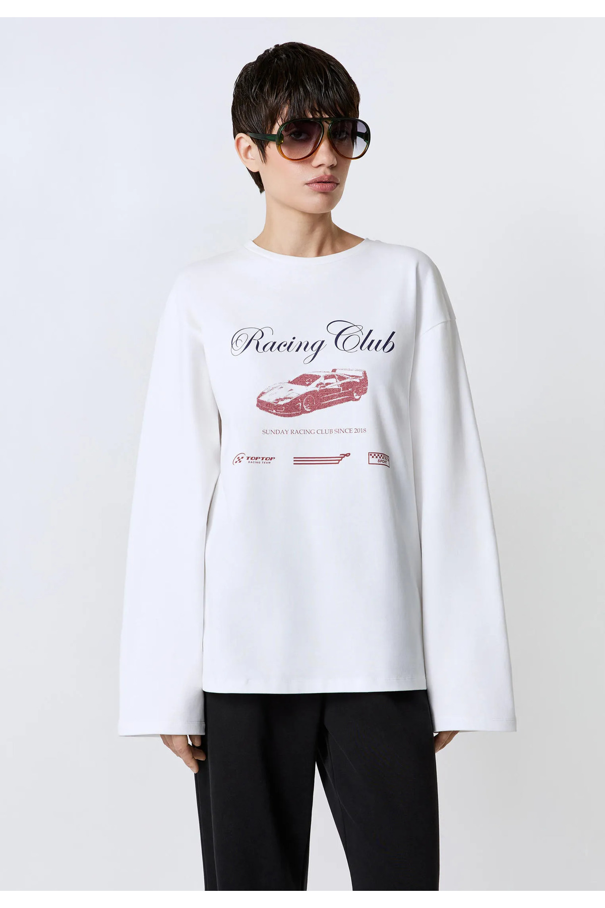 White Printed Hijab Suitable Long Sleeve Cotton T-Shirt