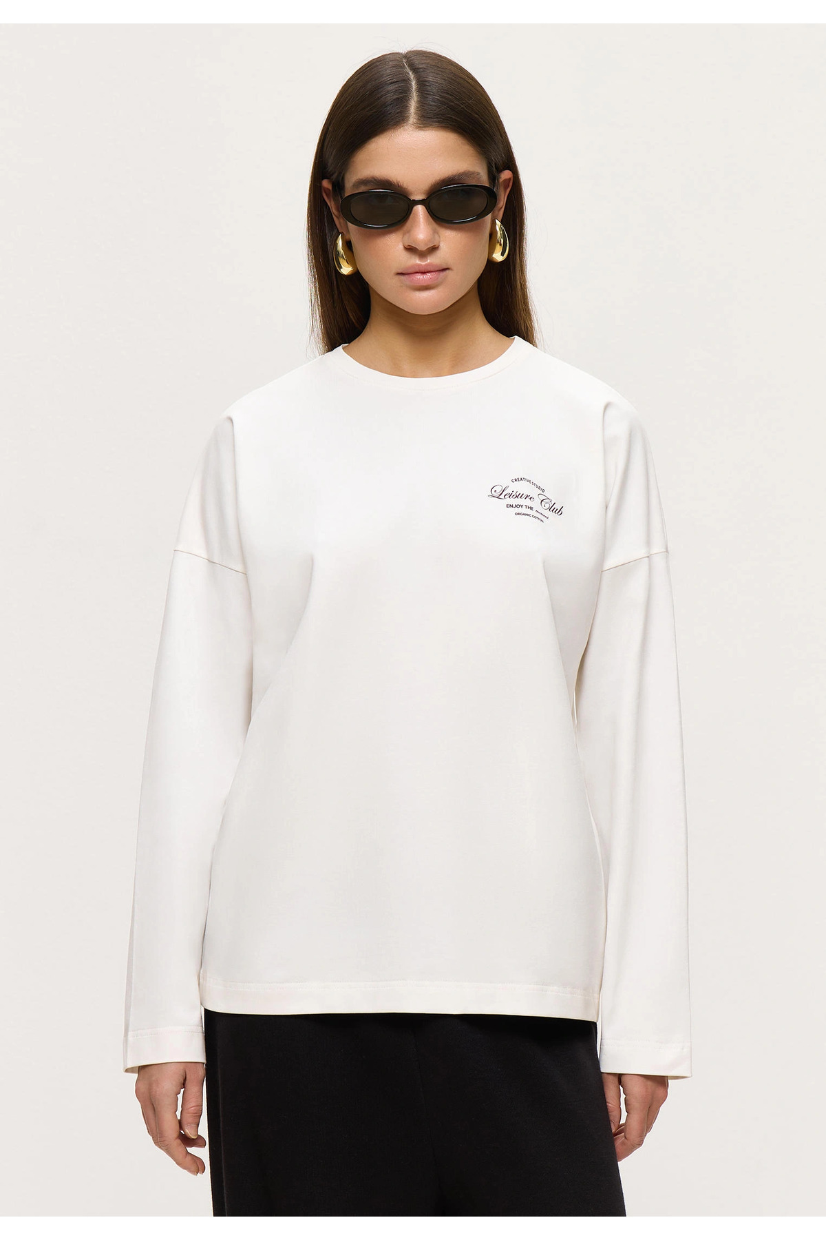 White Printed Hijab Suitable Long Sleeve Cotton T-Shirt
