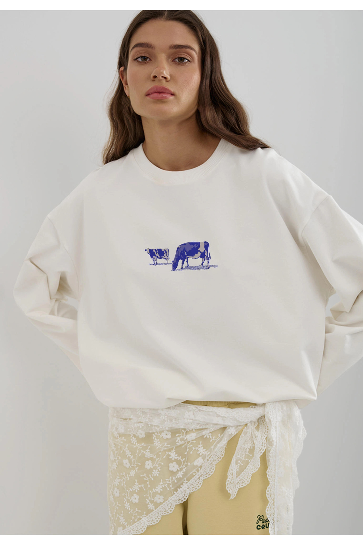 White Printed Hijab Suitable Long Sleeve Cotton T-Shirt