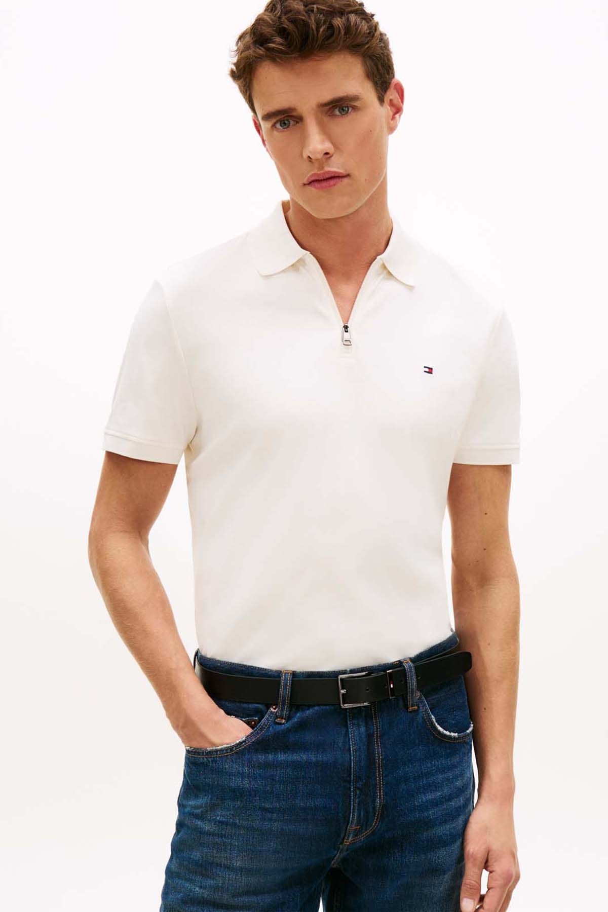 Tommy Hilfiger INTERLOCK ZIP REG POLO Erkek Sarı T-Shirt