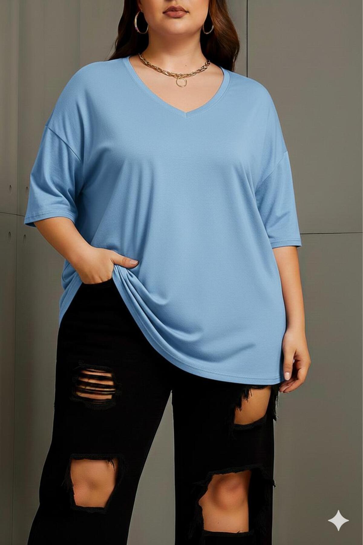 BENROMA PLUS V Yaka Büyük Beden Oversize Unisex Tişört 1CZ1