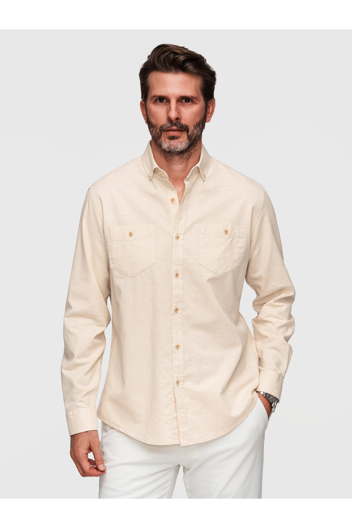 Ombre Men's Cotton Linen Shirt K706 Cream- Trendyol