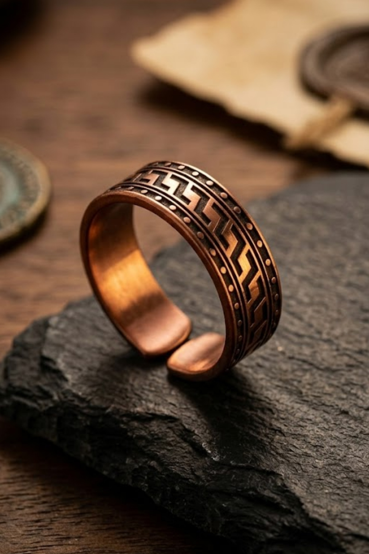 Men's Pure Copper Ring Atlas Model Adjustable Men's Copper Ring with Greek Pattern