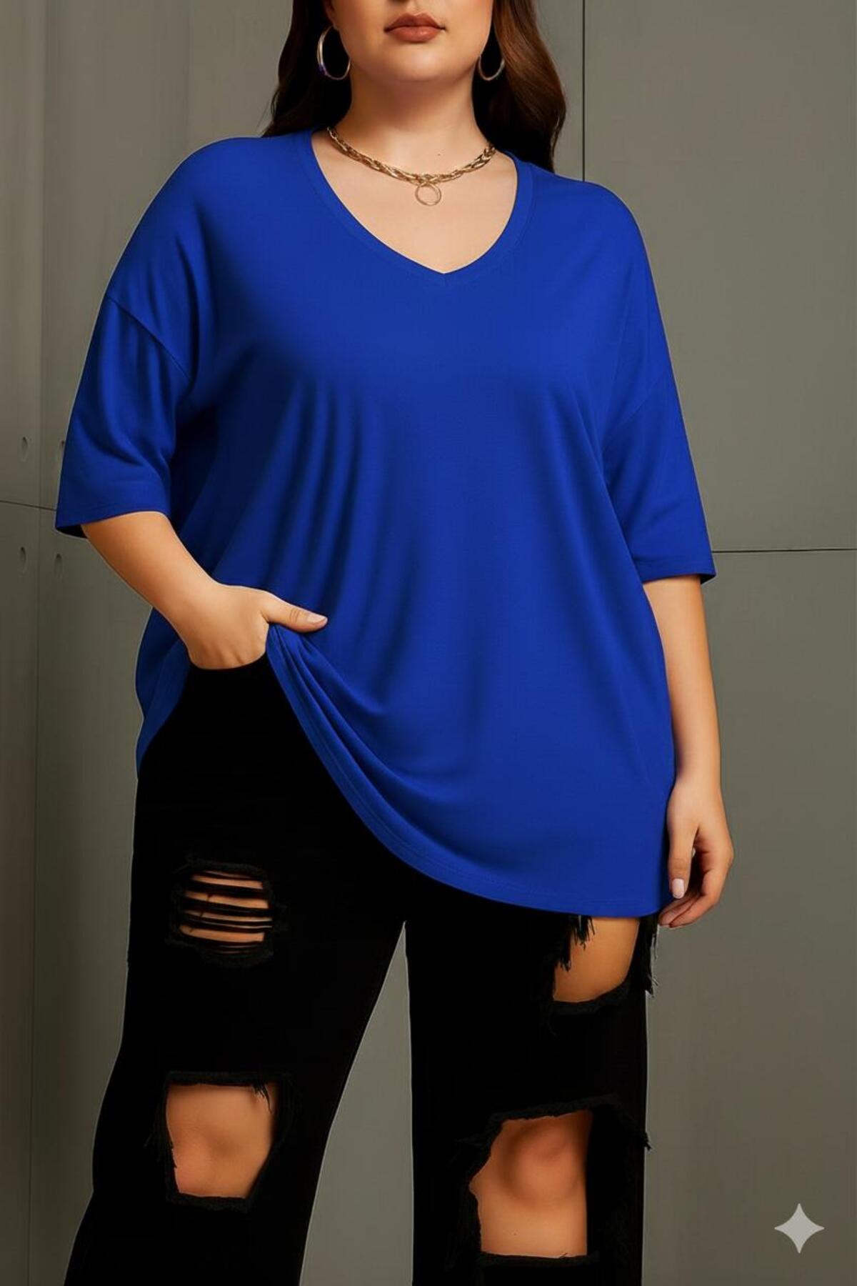 BENROMA PLUS V Yaka Büyük Beden Oversize Unisex Tişört 1CZ1