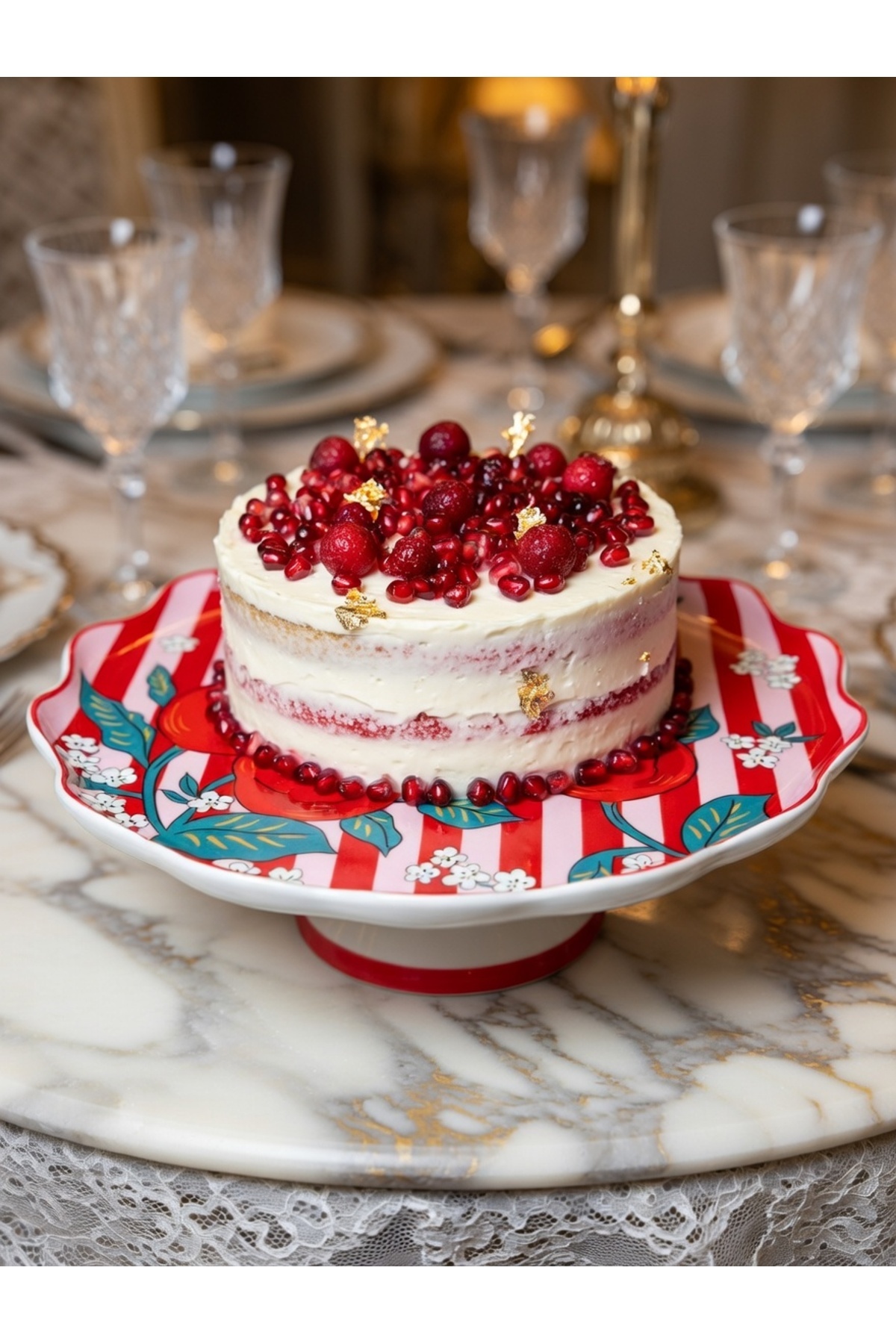 Narlı Desenli 27 cm Ayaklı Sunumluk Kek Standı – Dekoratif Porselen Pasta Standı