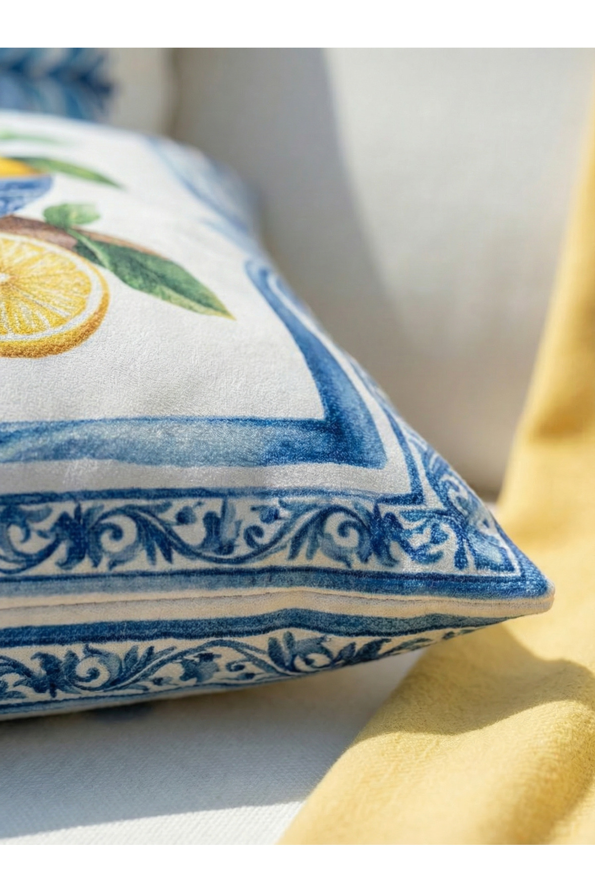Ephesus Lemon Pattern Blue, Yellow, White Square Cushion 43 x 43 Cm Double Sided Cushion Cover