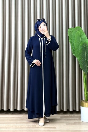 mercan moda NURELLA FERACE Krep Şifon Kumaş Kadın Lacivert Kapüşonlu Şerit De...