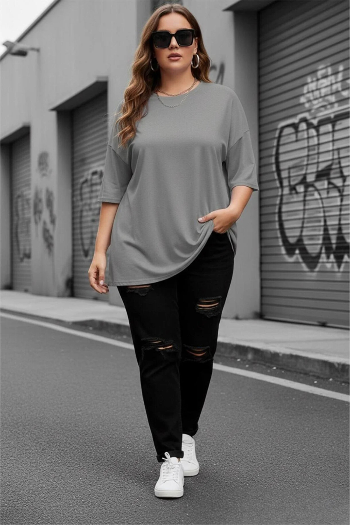 HOFFNUNG  Kadın Bisiklet Yaka Oversize Pamuklu T-shirt - Görsel 2