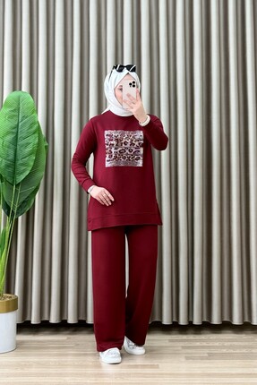 mercan moda EBRAR TAKIM Kristal Kumaş Kadın Bordo Rengi Leopar Desenli Yapışt...