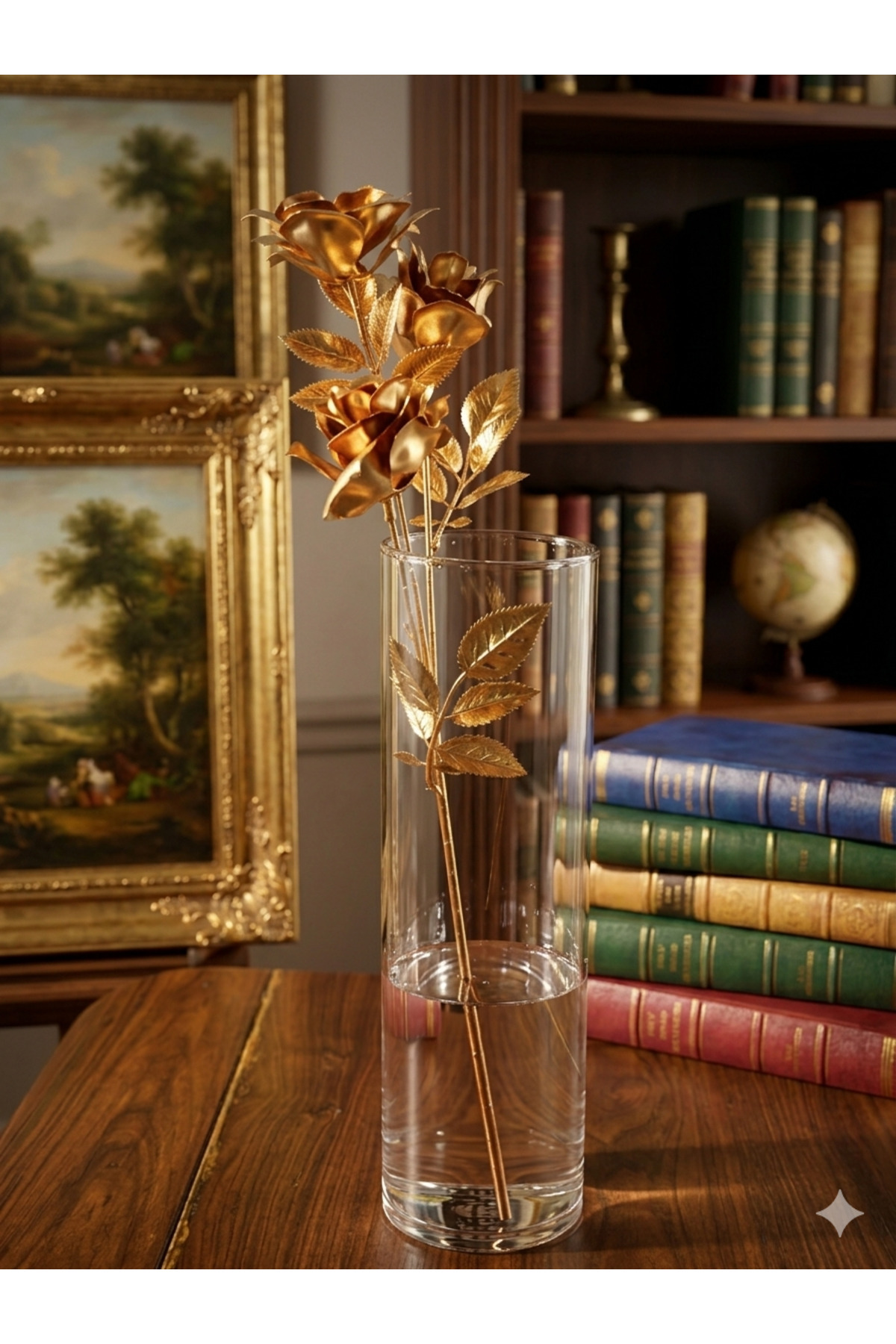Golden Artificial Rose Single Branch – Metallic Flower | Home & Office Accessory (Glass Vase Not Included)