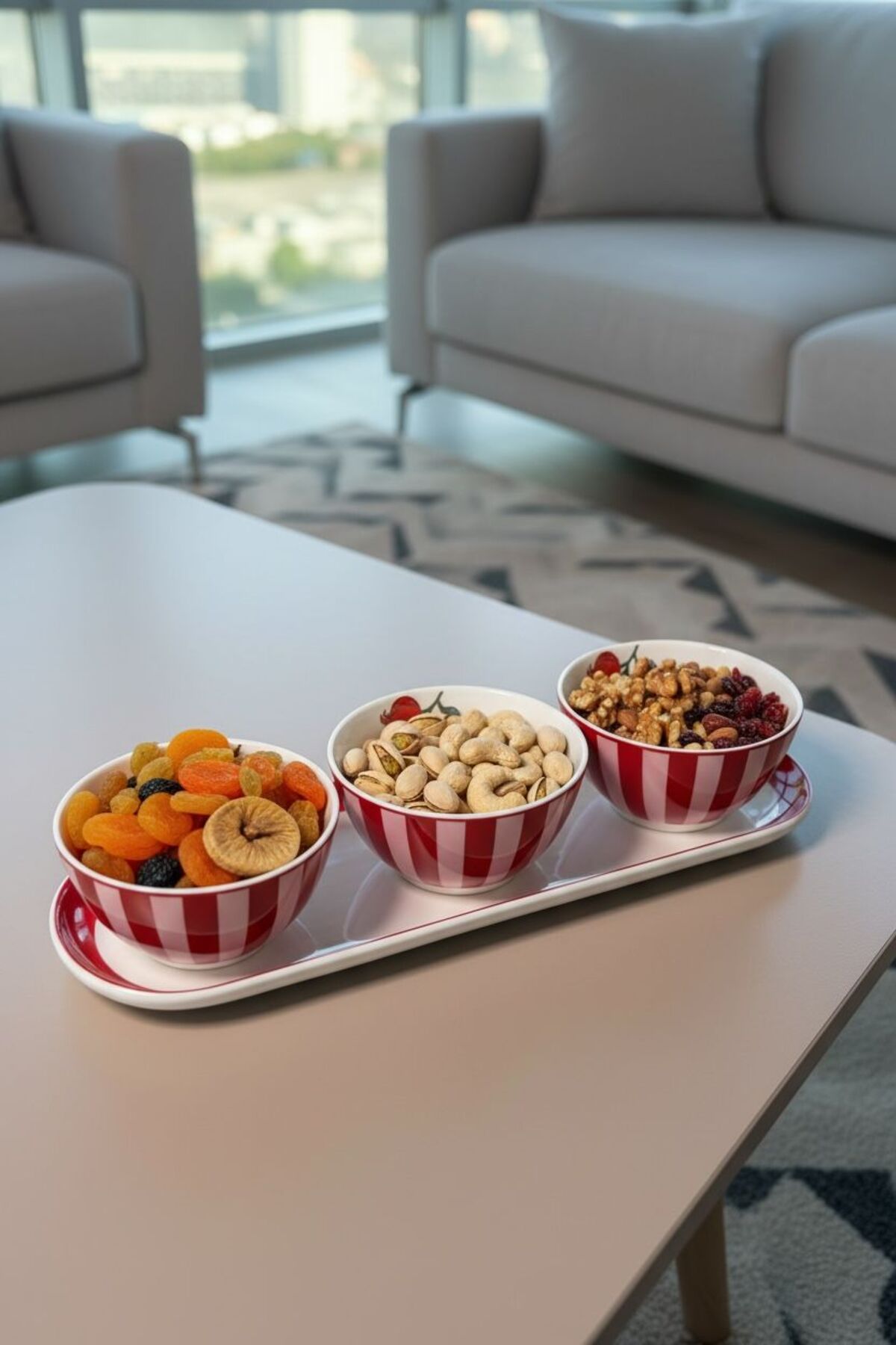 Nar Detaylı Porselen Kayık Tabak | 3’lü Kase Seti – Tepsili Sunumluk Set