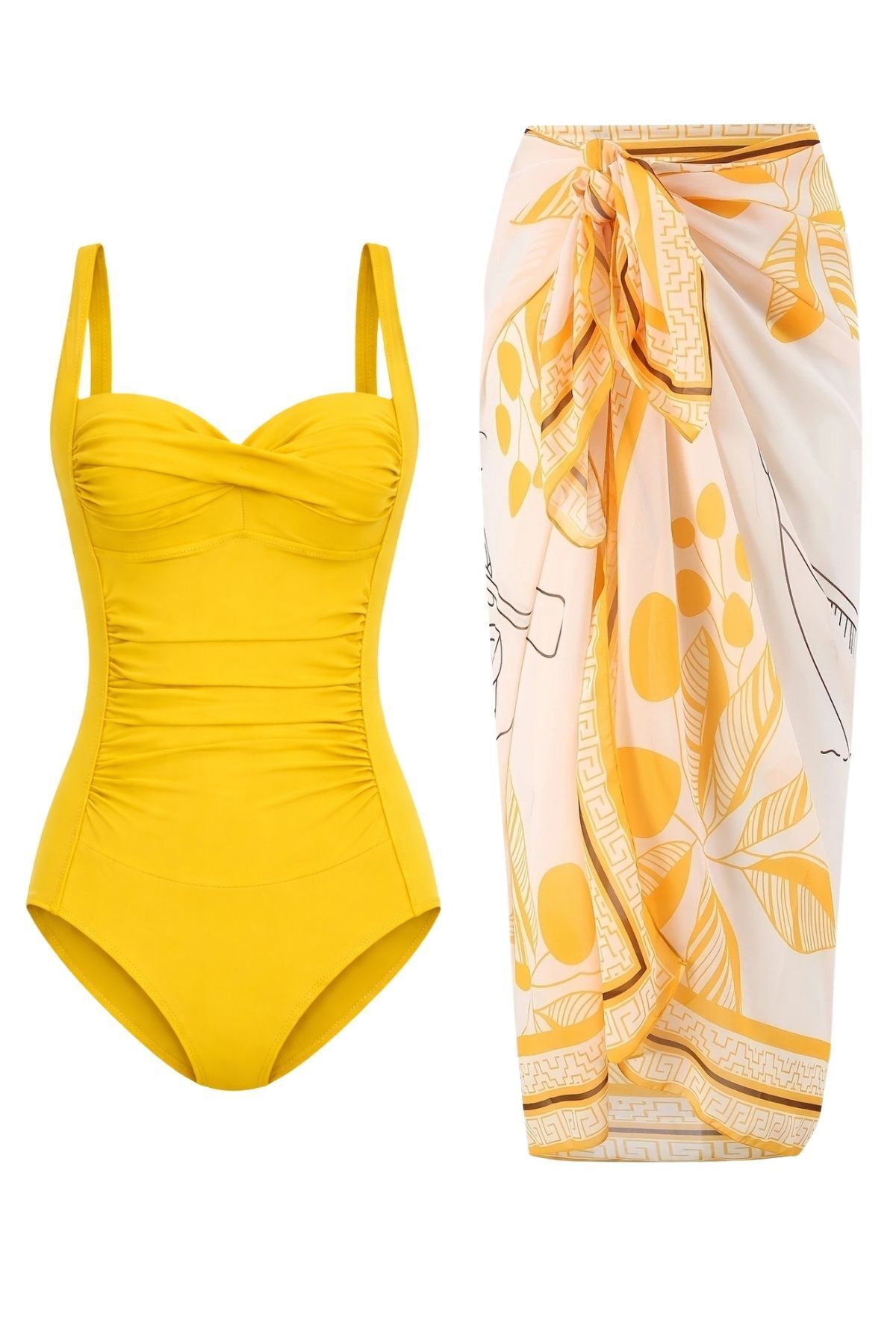 French Breezy Wrap-Up Draped Swimwear Pareo 2-Piece Set with Adjustable Strap,Stylish and Thinning Effect