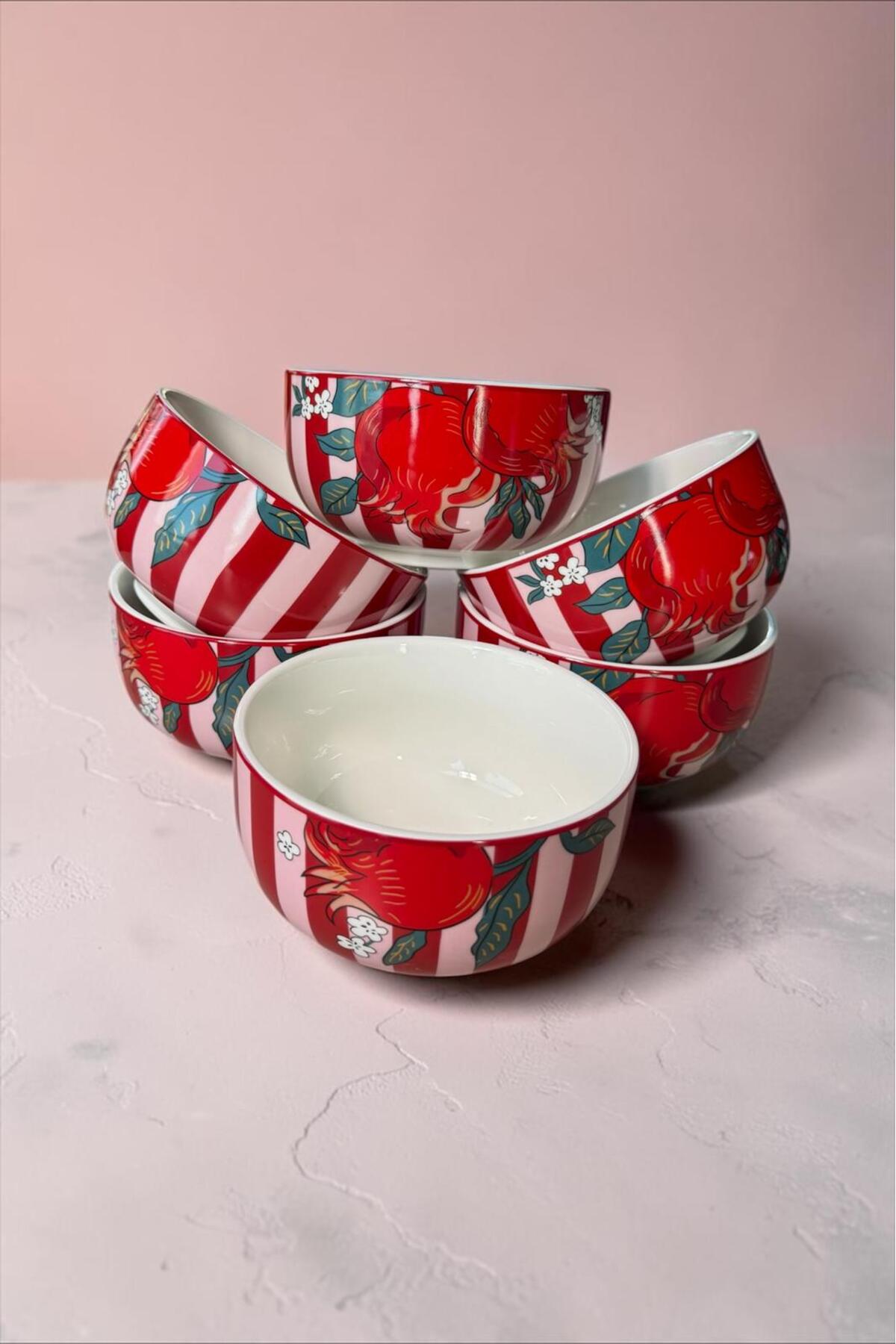 Narlı Desenli 6’lı Porselen Kase Seti – Dekoratif Sunum ve Kahvaltı Kasesi