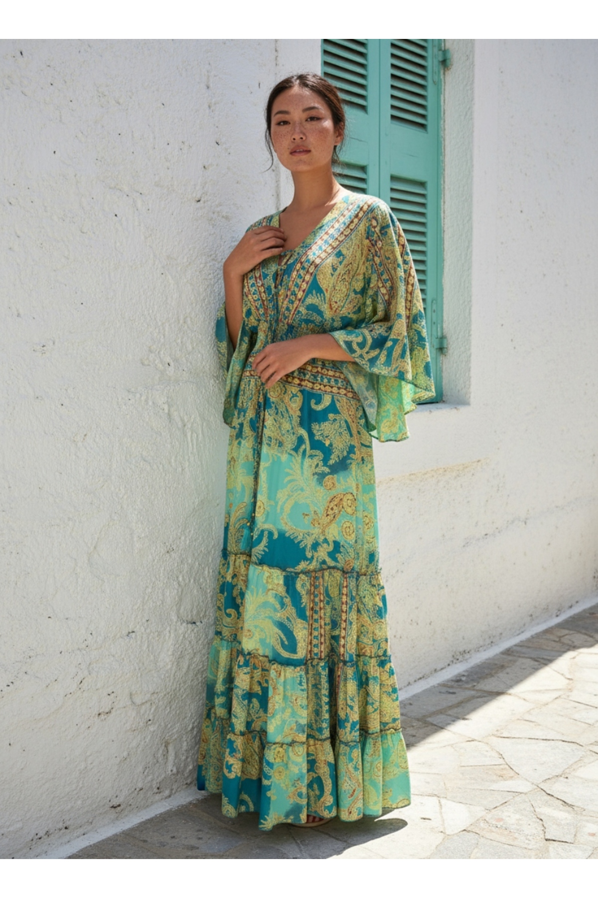 Enuverbi  Bohem Stil Gold Işıltılı Şal Desenli Kuşaklı V Yaka Bağcıklı Otantik Uzun Elbise - Standart Beden - Görsel 2