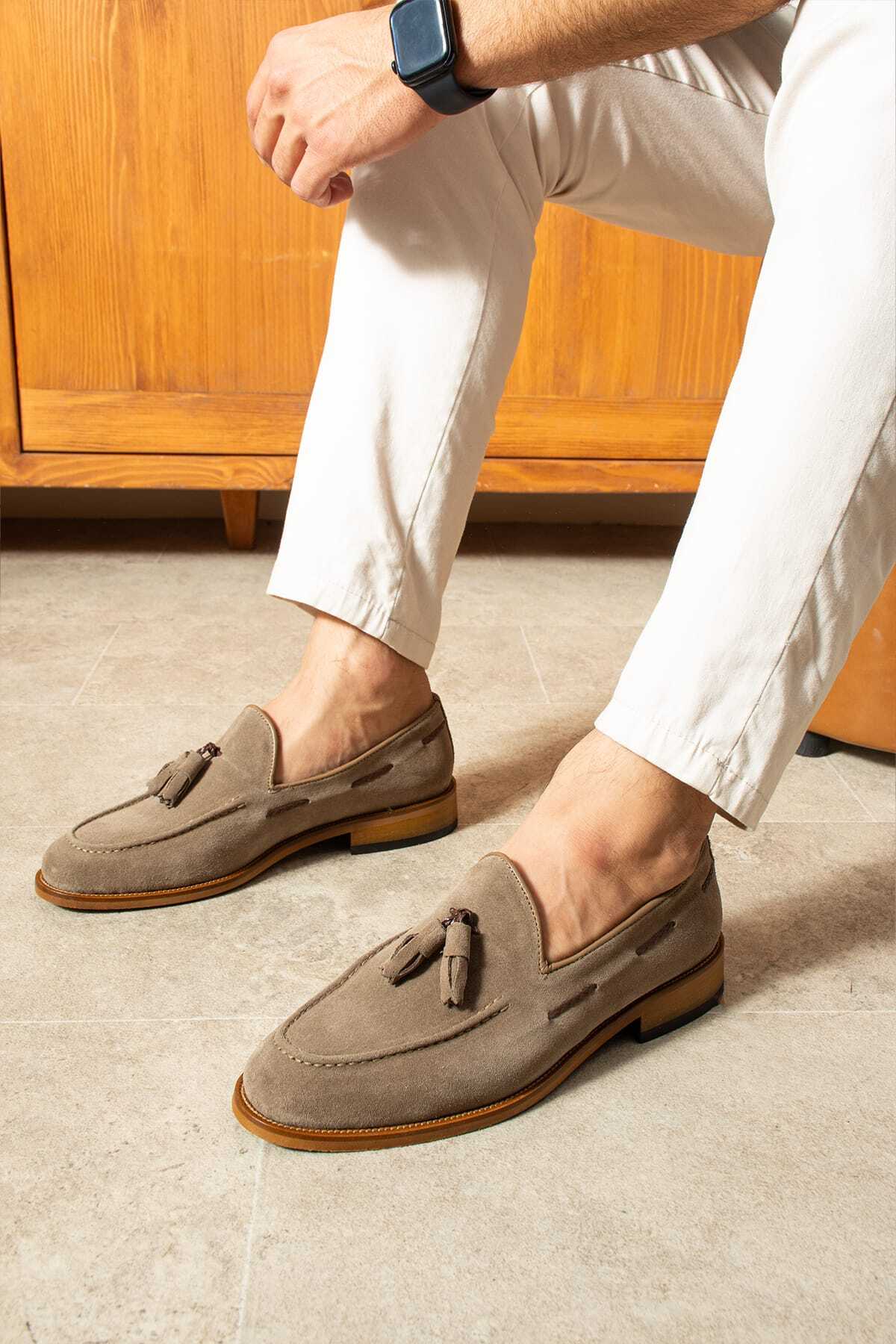 NİGHT Collection Corcik Hakiki Deri Erkek Loafer Ayakkabı, Klasik Püsküllü Süet Kum Rengi Günlük görsel 2