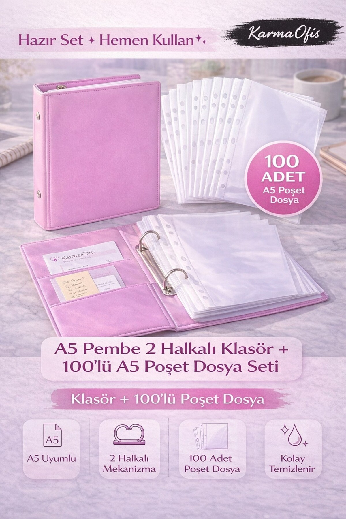 KarmaOfis A5 Pembe Klasör Seti 2 Halkalı + 100'lü Poşet Dosya
