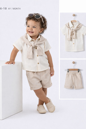 Consept Erkek Bebek Gömlekli Şort 3'lü Takım 6-18 Ay Yazlık Şık Kombin Pamuklu