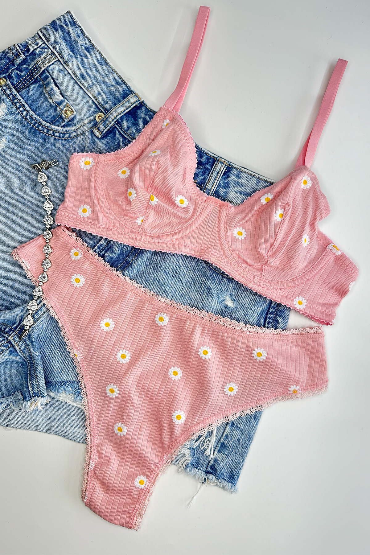 Daisy Pattern Cotton Underwear Set with Underwire Pink