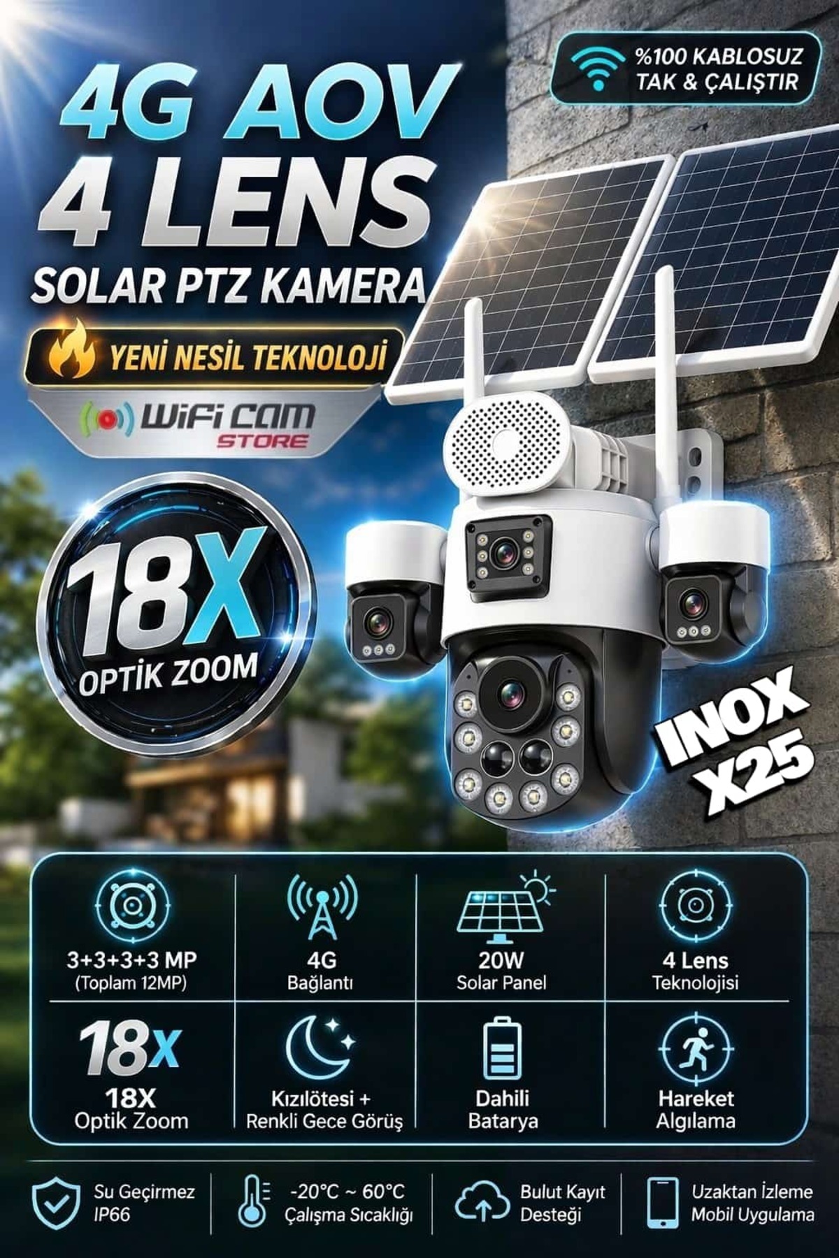 WİFİCAM İnox X25 4 Kameralı Optik Zoom Güneş Enerjili 4G Akıllı
