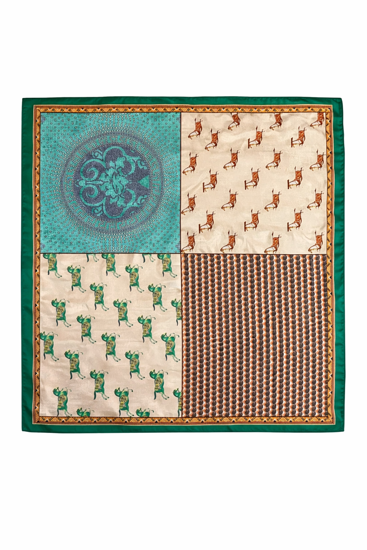 Yeşil Çerçeveli Patchwork Desenli 70x70 Fular – Büyük Boy Şık Kadın Boyun Fuları