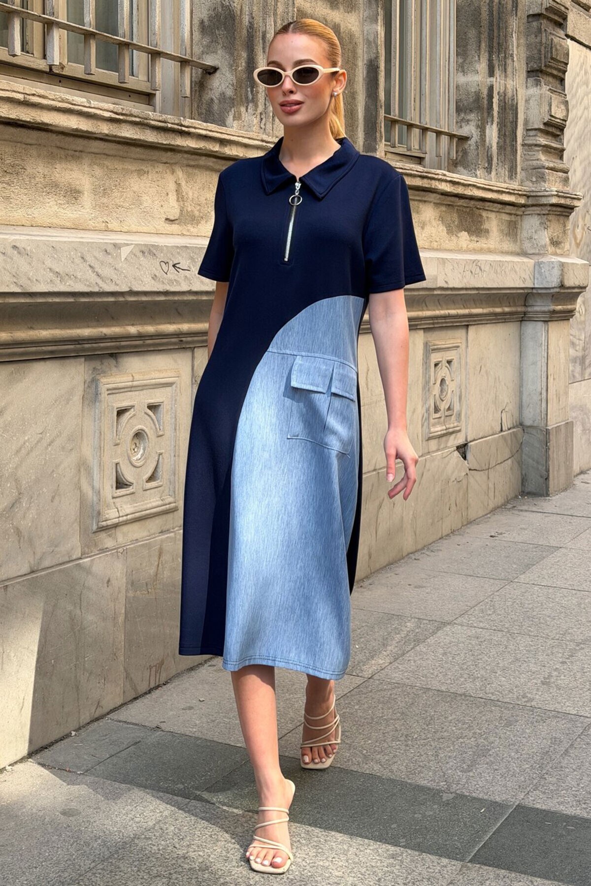 Navy Blue Zippered Modal Fabric Semi Tencel Dress