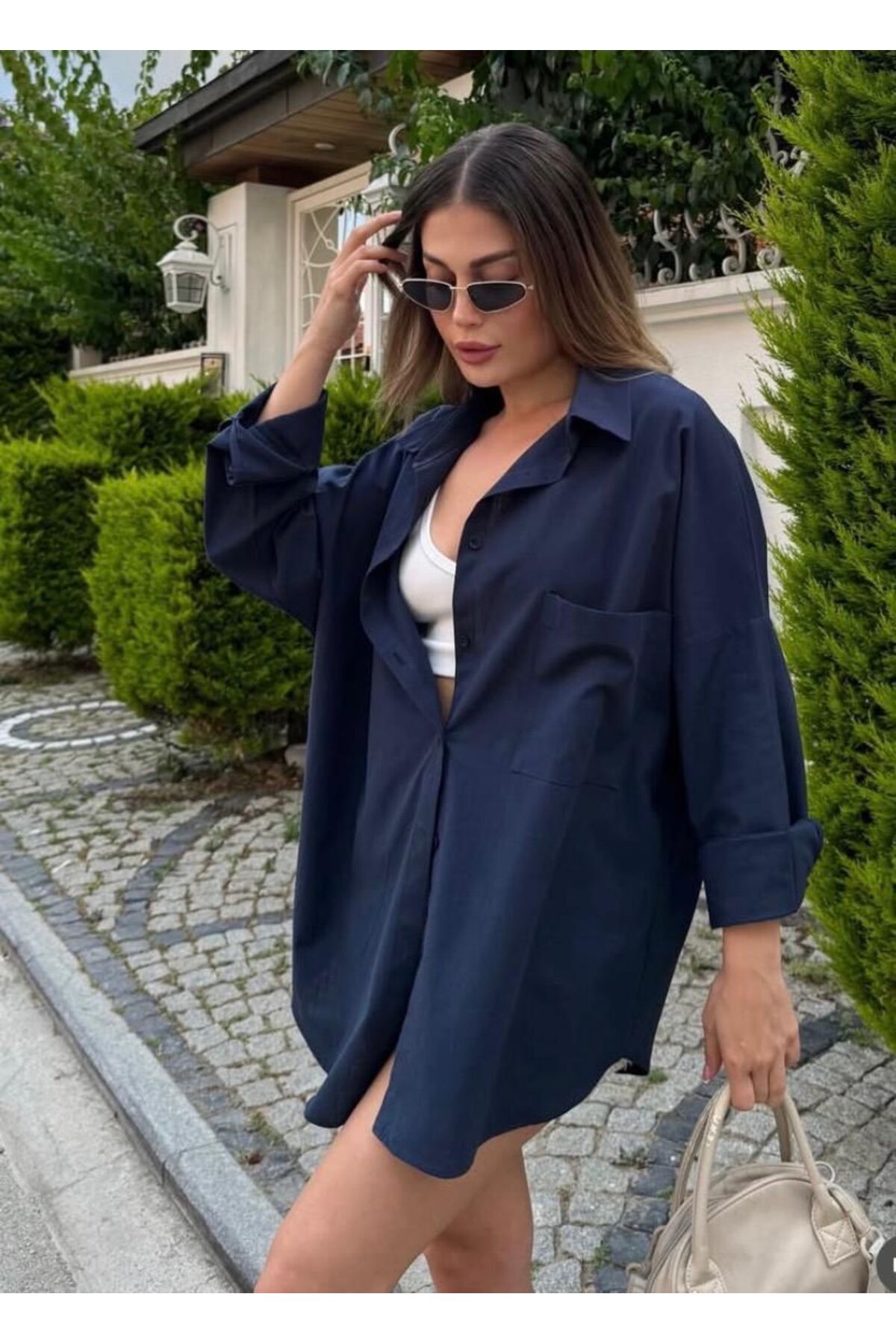Rouge basıc Oversize Keten Dokulu %100 Pamuk Salaş Gömlek görsel 2
