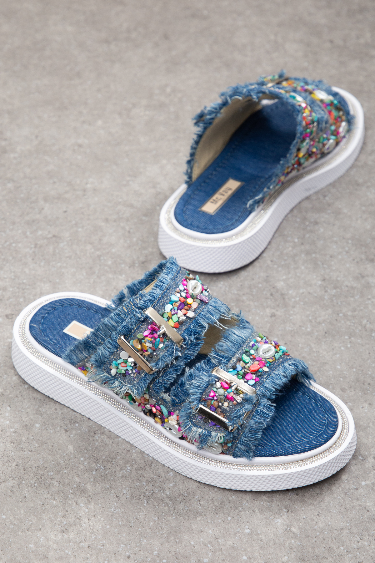 Double Buckle Natural Stone Embroidered Tassel Slippers