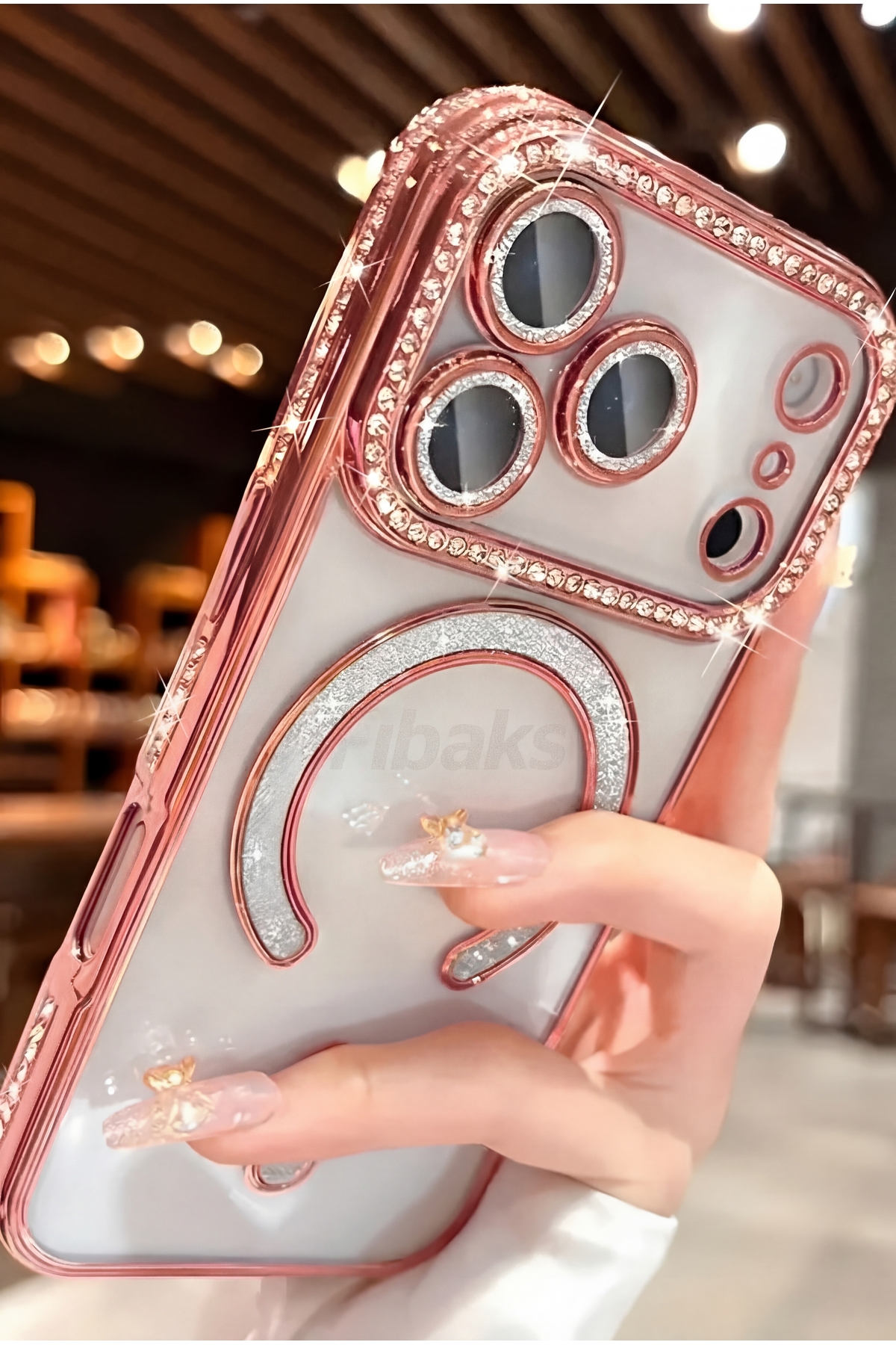iPhone 17 Pro Case Gemstone Camera Magsafe Charging Lock with Lens Protection Transparent Color Soft Rose Gold