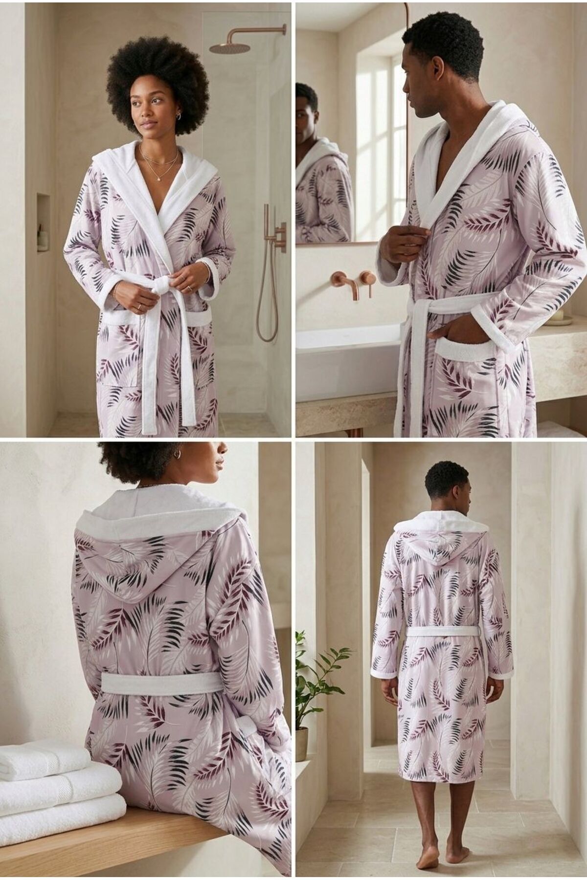 Modern Botanical Cotton Patterned Hooded Summer Bathrobe