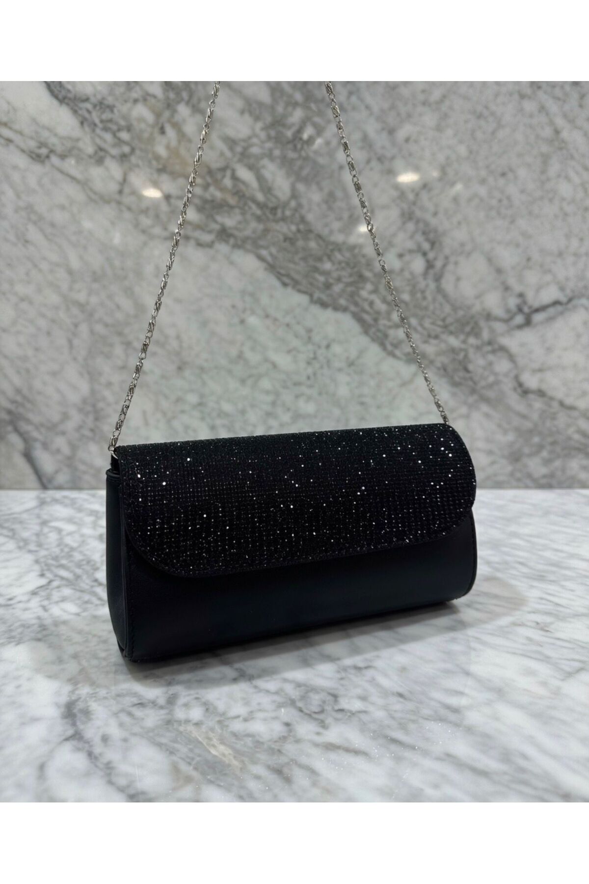 addy Siyah Taşlı Zincirli Clutch Abiye Çanta görsel 2
