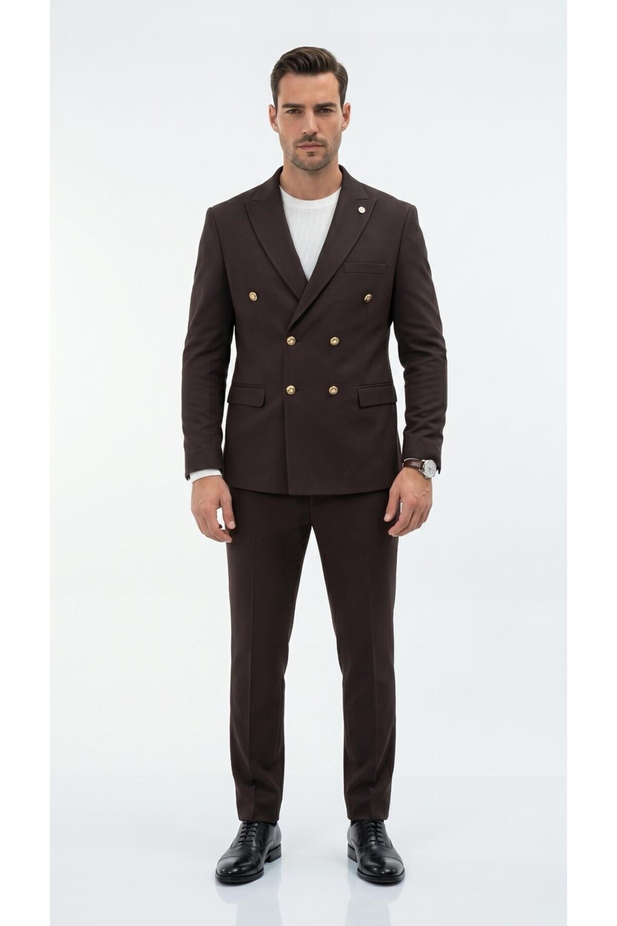 Plus Scorpion Tk6861Men's Double-Breasted Gold Button Textured Lycra Fabric Suit – Modern Cut Stylish Design