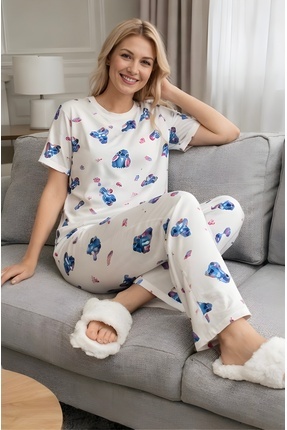 LETS BASIC Kadın Beyaz Stitch Baskılı Kısa Kollu Pijama Takımı – Rahat Kesim ...